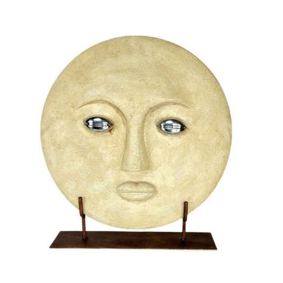 Vintage Moon Face Plaster Large Round Plaque Modernist Sculpture Art on Stand - Picture 7 of 7
